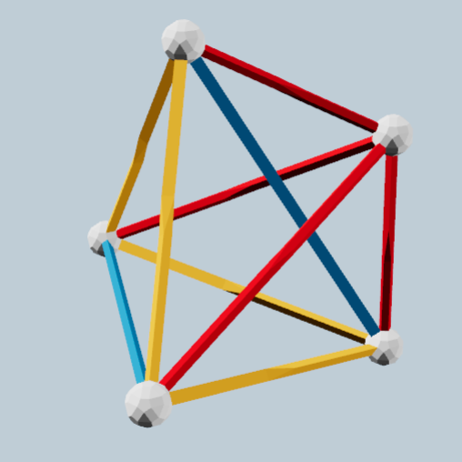 5-cell projection with red, yellow, and blue Zome struts