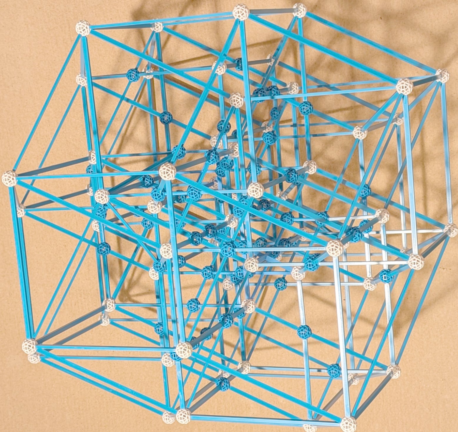 Joris's blue Zometool construction of the 6-cube projection, with white and blue connectors